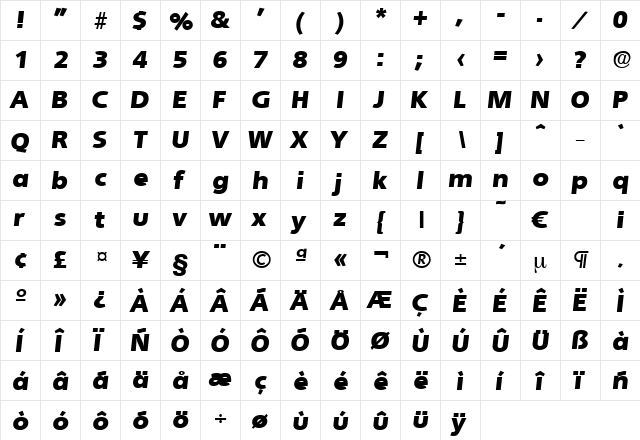 Quebec-HeavyIta Regular  glyph index