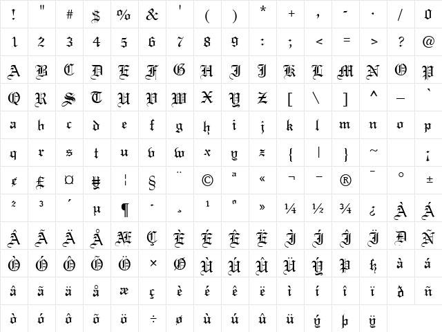 Textur Regular  glyph index