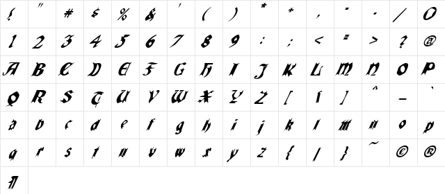 QuaelGothicItalics Regular  glyph index