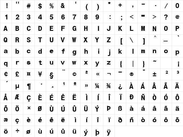 HelvMono Bold  glyph index