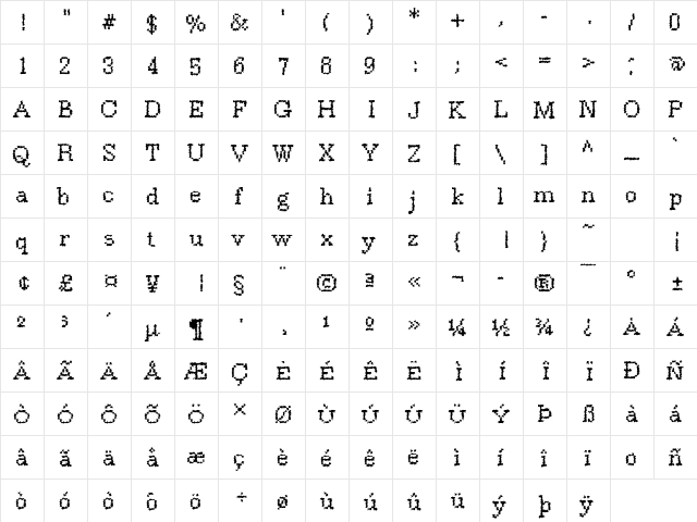 Rough38 Becker Regular  glyph index