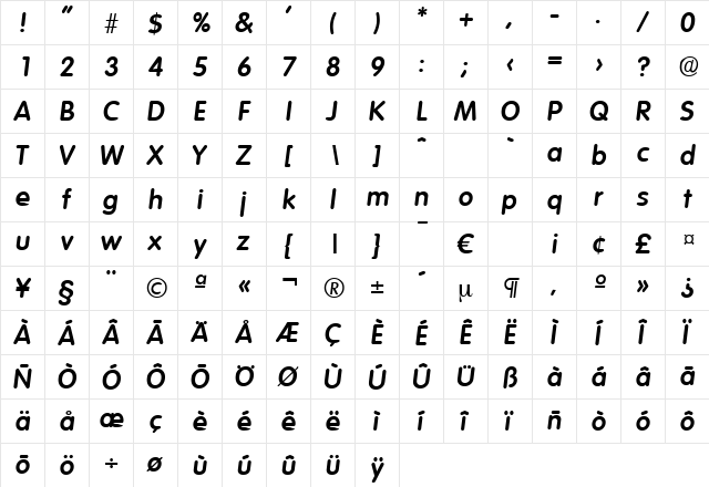 Volkswagen-DemiBoldIta Regular  glyph index