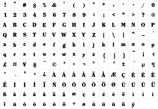 ClearfaceEF-Black Regular  glyph index