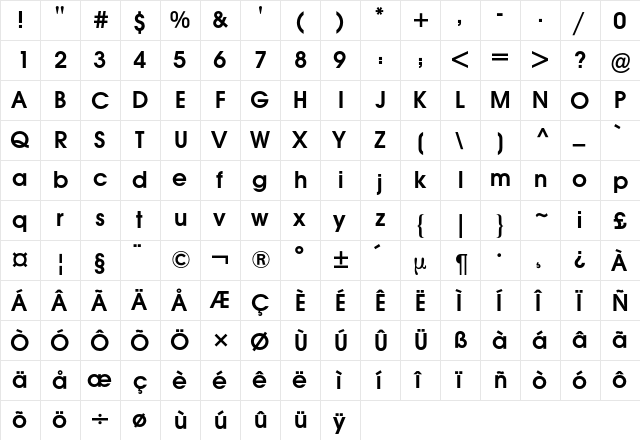 Avant Garde 2 BQ Regular  glyph index