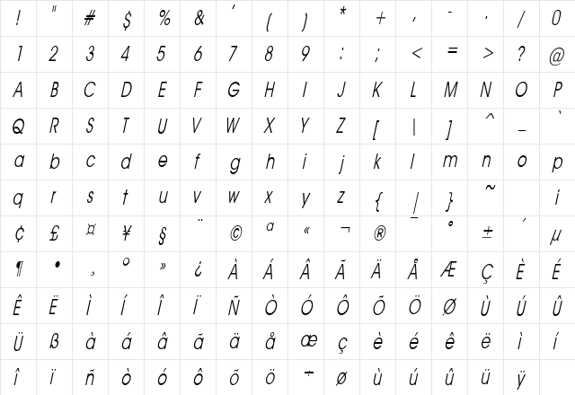 AvantGuardCondSW Italic  glyph index