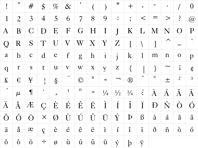 Caslon 540 Regular  glyph index