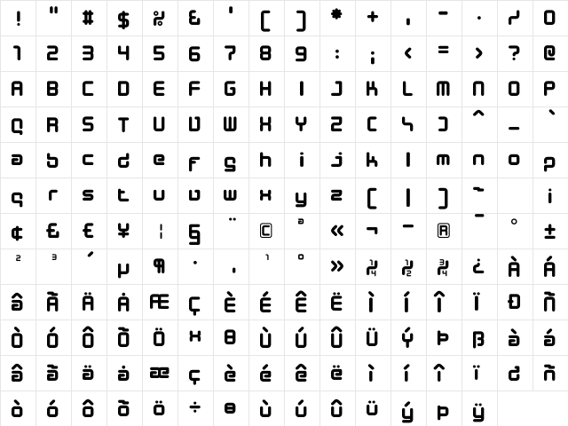 Designer Block Regular  glyph index