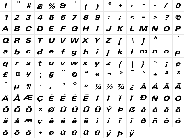 LinotypeUnivers ExtdHeavyItalic  glyph index