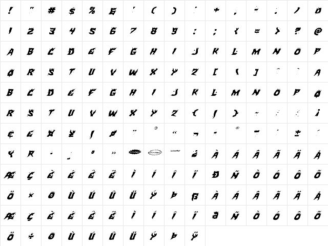 Hot Kiss Expanded Italic Expanded Italic  glyph index