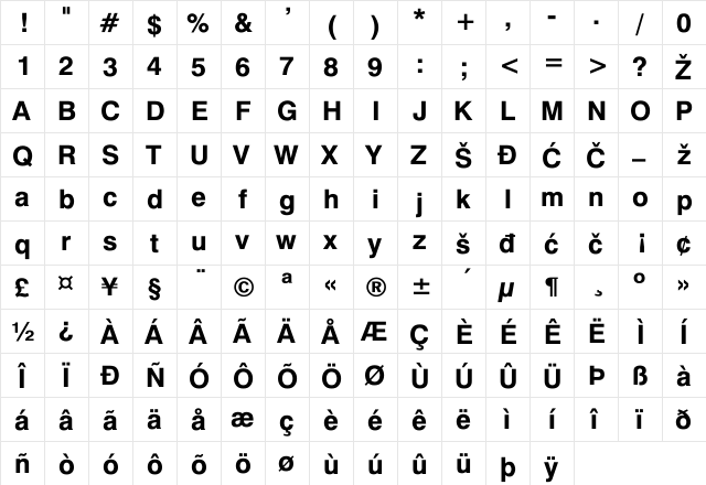 SL Swiss Bold  glyph index