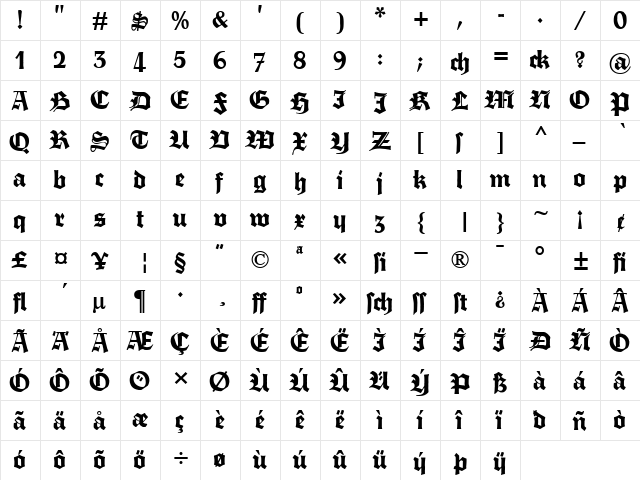 Fette Trump-Deutsch Regular  glyph index