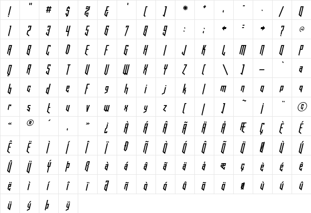 Hooked Up 101 Regular  glyph index
