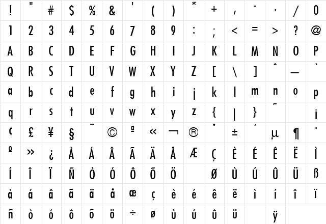 Futura Condensed Demi Regular  glyph index