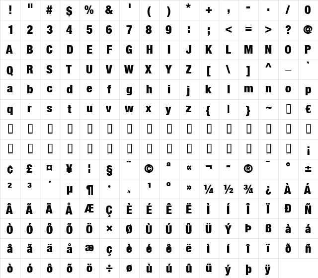 HelveticaNeue LT 97 BlackCn Regular  glyph index