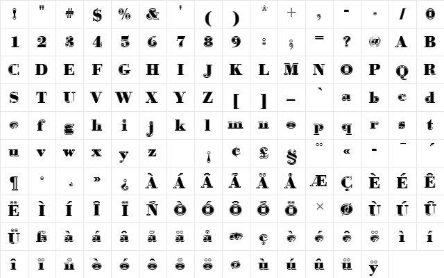 BodoniAntTBolIn1 Regular  glyph index