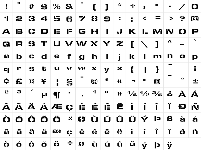 EurostileSteDBlaExt Regular  glyph index