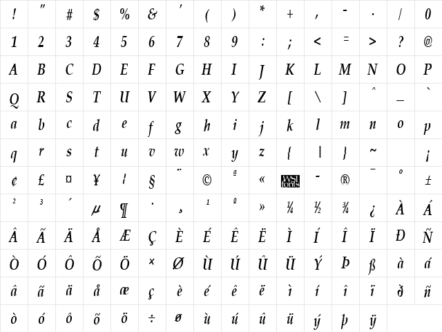 PalisadeCondensed Bold Italic  glyph index