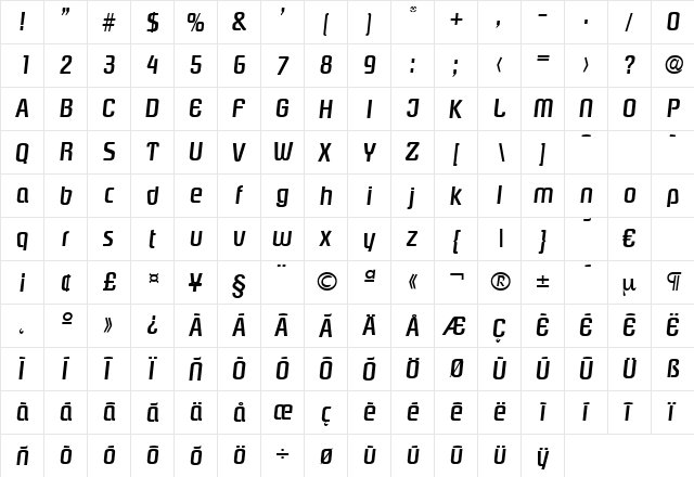 Pasadena-MediumIta Regular  glyph index