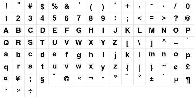 Helvetica Cyrillic Bold  glyph index