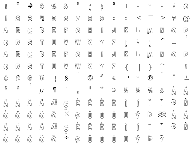 Roller World BTN Bold Out Regular  glyph index