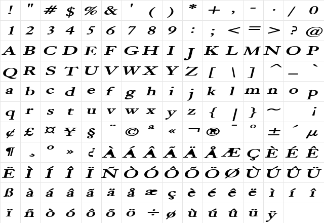 Bliss Extended Bold Italic  glyph index