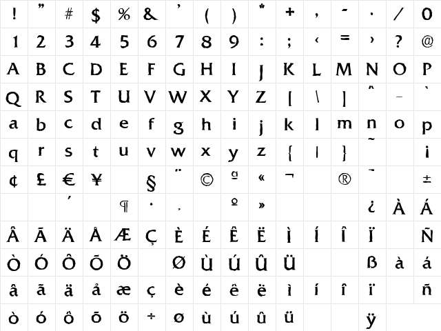 QuadratAntique Regular  glyph index