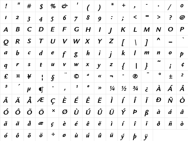 Legacy Sans ITC Bold Italic  glyph index