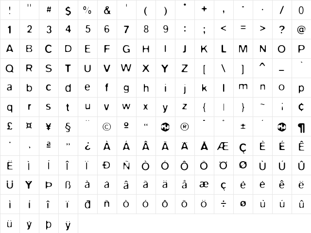 Blurvh1 Regular  glyph index