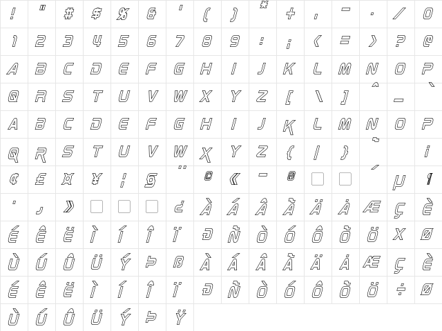 Zebulon Condensed Hollow Italic  glyph index