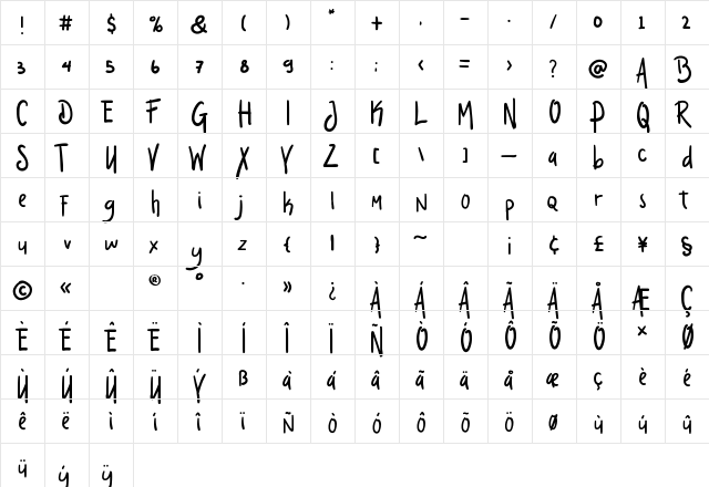 Dream Night Regular  glyph index