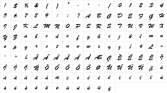 BrushScriptEF Regular  glyph index