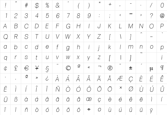 FormulaSerial-Xlight Italic  glyph index