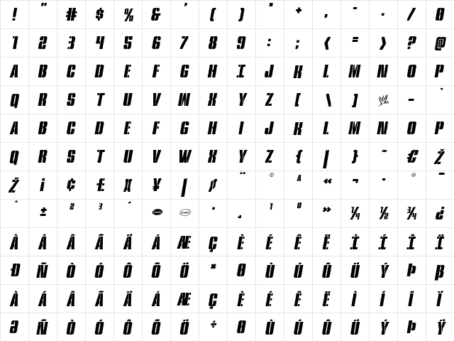 Rumble Tumble Italic Italic  glyph index