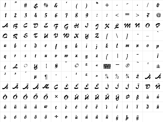 Brush Flair Regular  glyph index