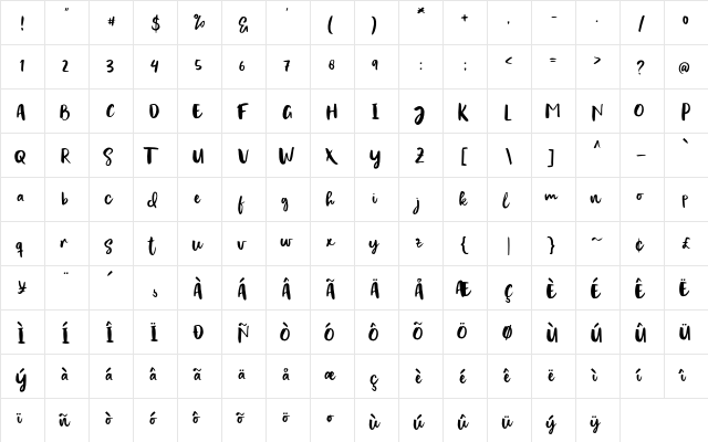 Evertone Script Regular  glyph index
