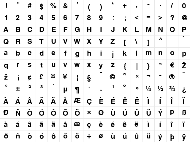 Helvetica LT Bold  glyph index