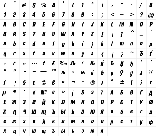 EuropeCond Bold Italic  glyph index