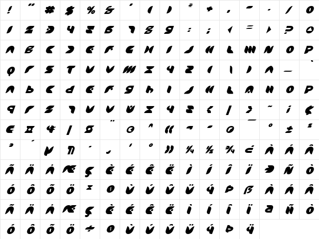 Puff Angel Italic Italic  glyph index