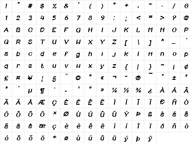 DS-Orange Bold Italic  glyph index