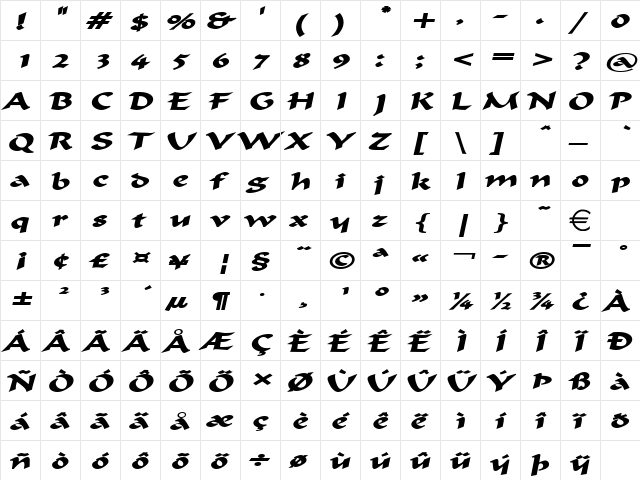 FlatBrushExtended BoldItalic  glyph index