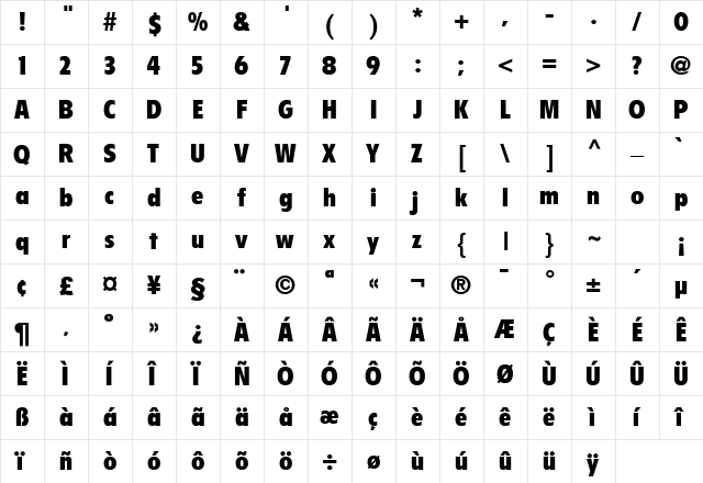 Flyer Black Condensed Black Condensed  glyph index