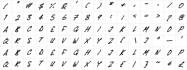 Delicious Scrawl Italic  glyph index