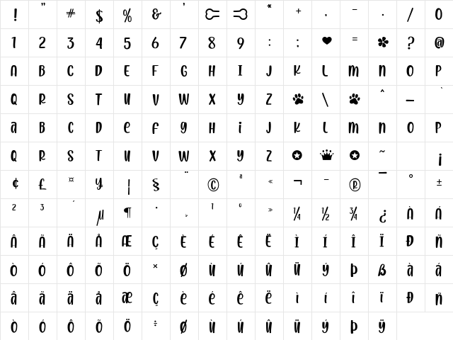 Lovely Paws Regular  glyph index