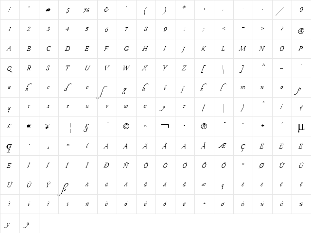 Pirouette LT Std Text Regular  glyph index