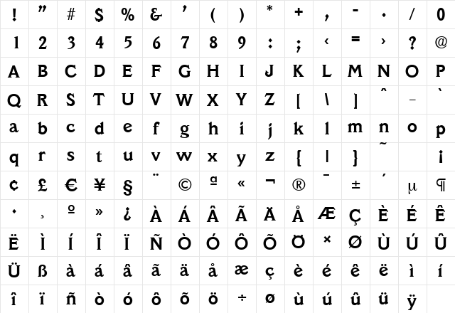 VeracruzSerial Bold  glyph index