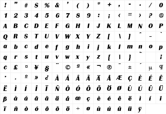 Grenoble-Serial-ExtraBold RegularItalic  glyph index