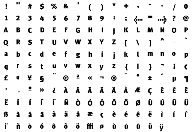 MetaPlusLining Black  glyph index