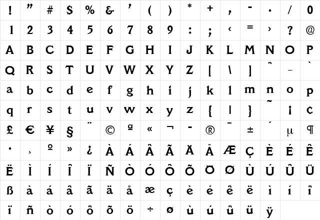 LeroyBecker Bold  glyph index