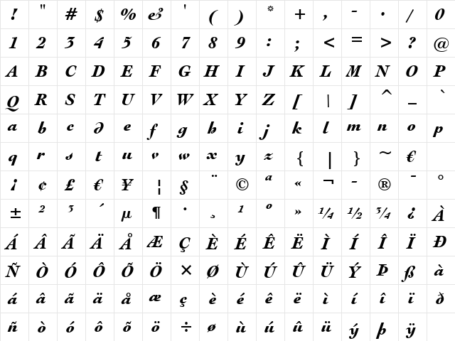 EngrvOs205 Blk BT Black Italic  glyph index