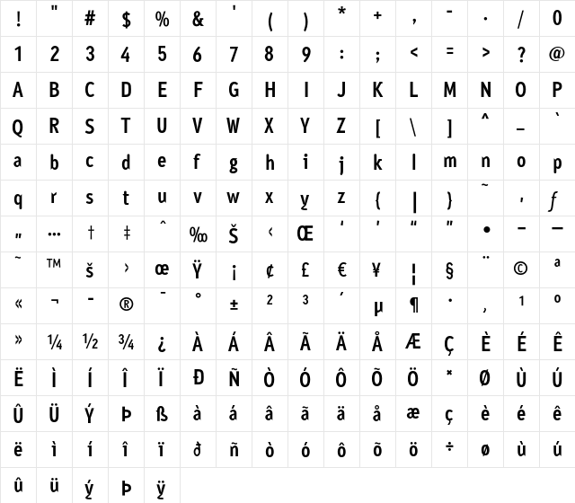 AyumiBold Regular  glyph index